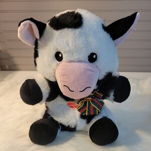 Plush Cow Toy with Bow - Black and White